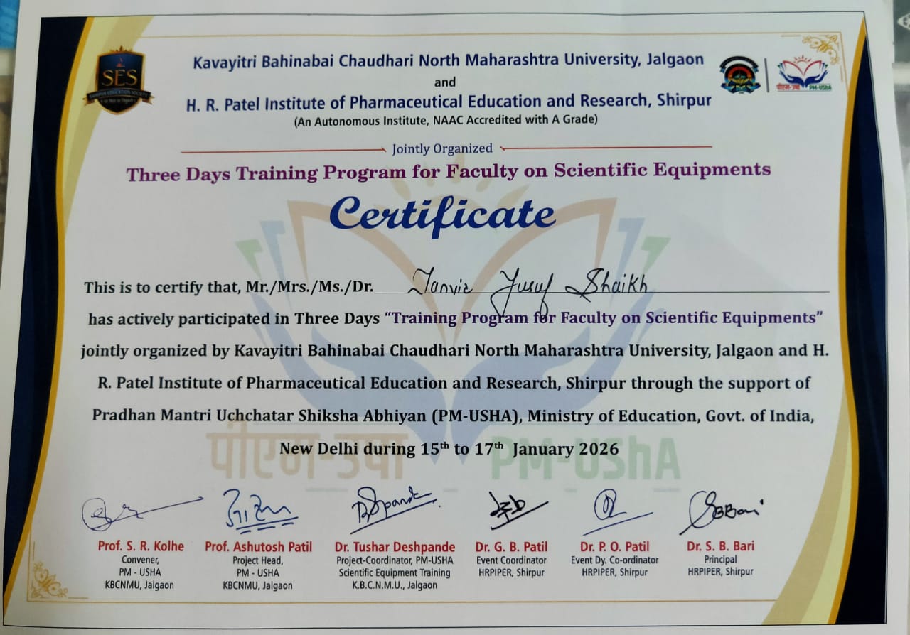 The program was held from 15th to 17th January 2026 at HRPIPER, Shirpur, focusing on capacity building and hands-on exposure to advanced scientific equipment.